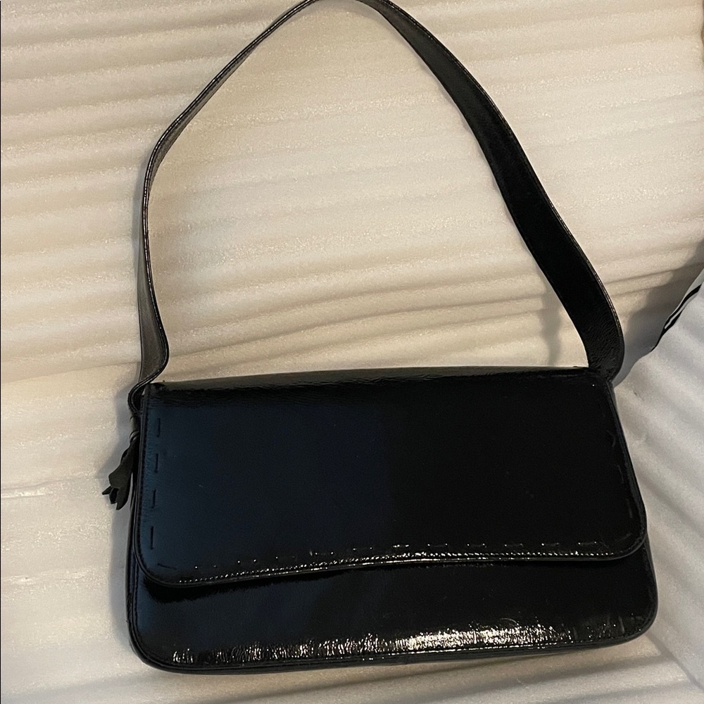 Vintage BCBG Black Pantent Leather Baguette Flap Shoulder Bag